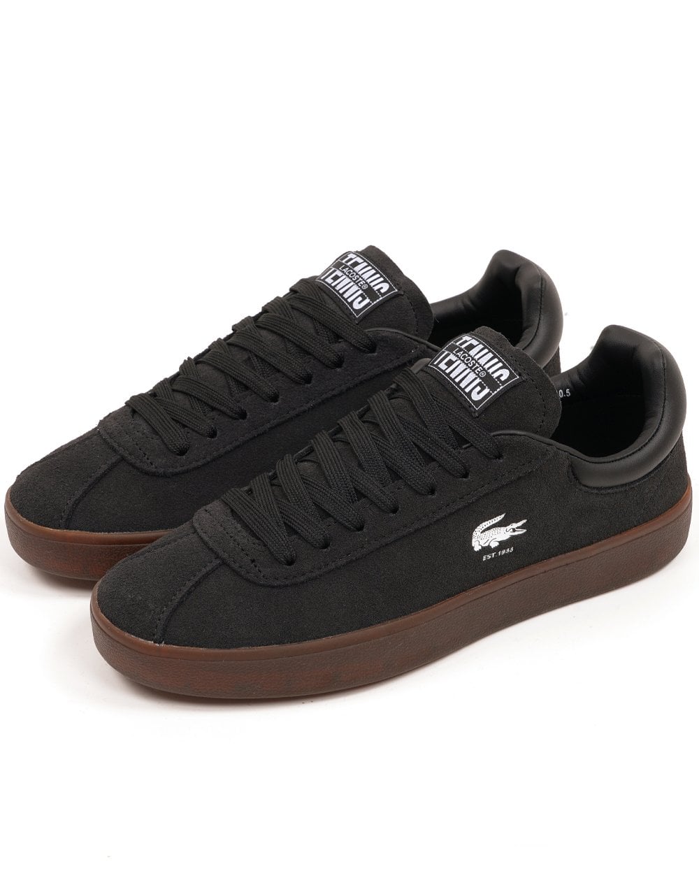 Lacoste Baseshot trainers in black and dark gum.