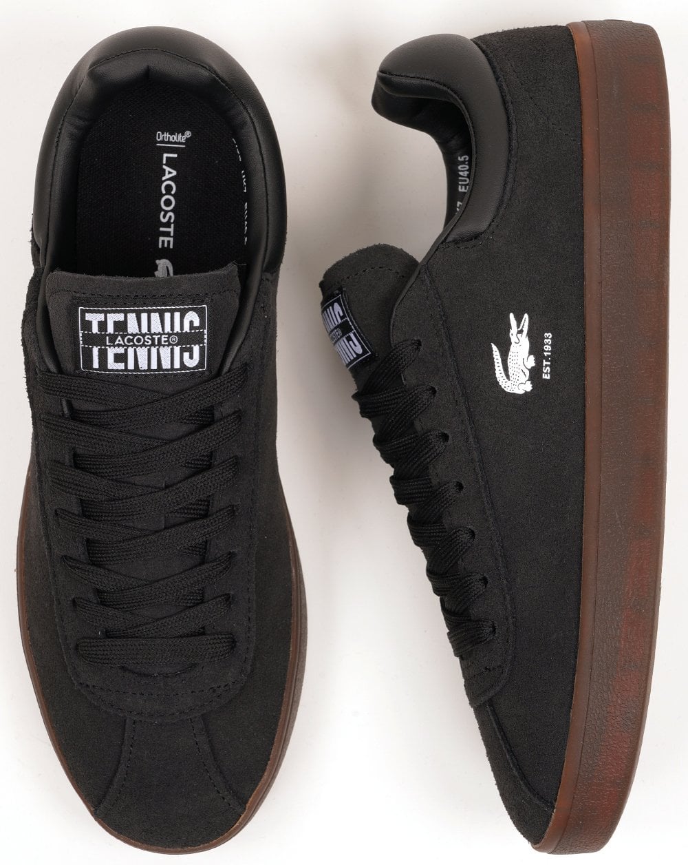 Lacoste Baseshot trainers in black and dark gum.